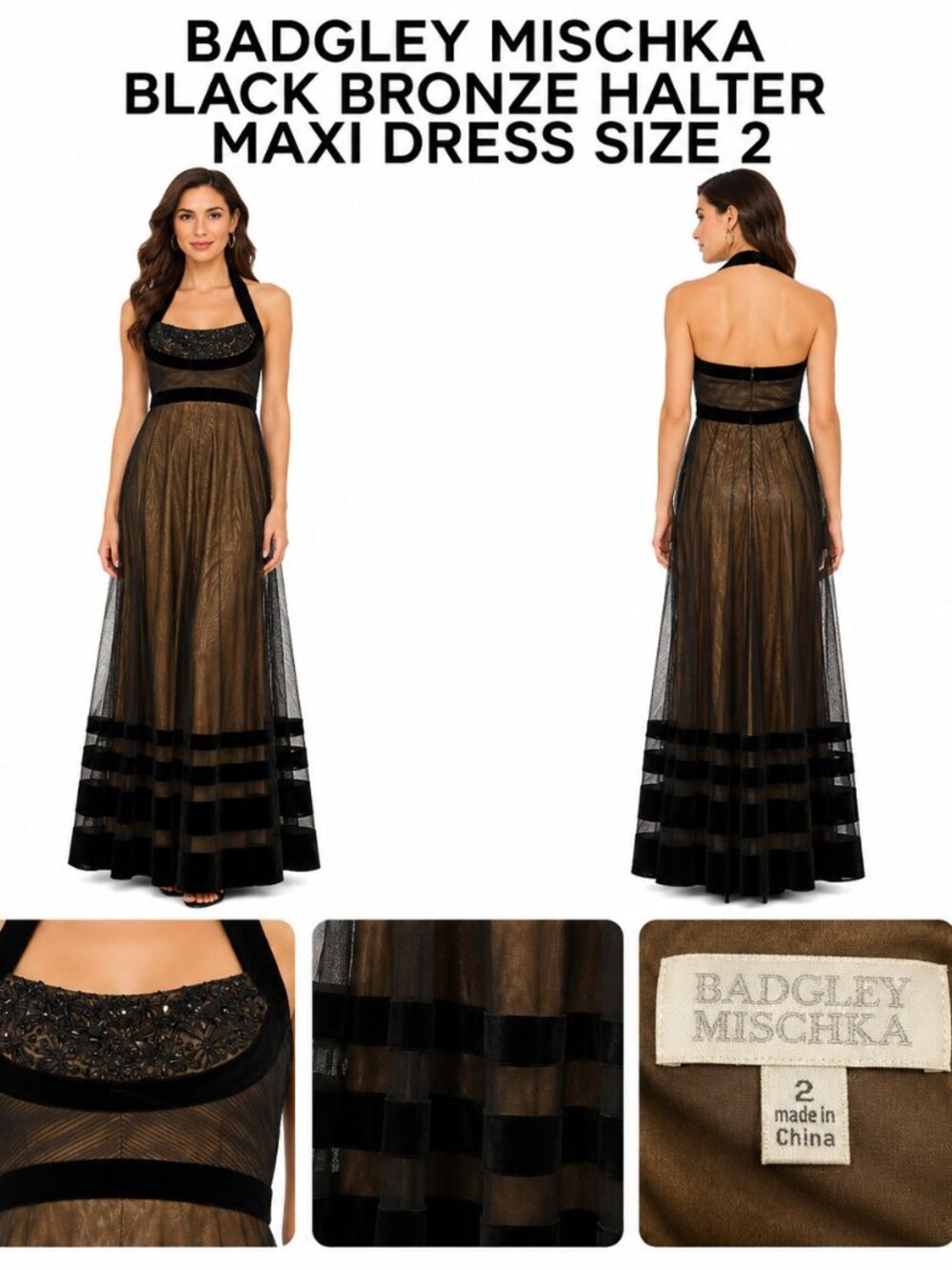 Badgley Mischka Black and Bronze Transparent Overlay Halter Maxi Dress Size 2